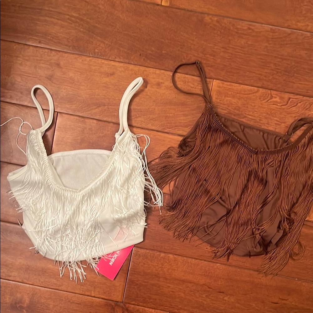 2 Fringe Crop Tops - White and Brown